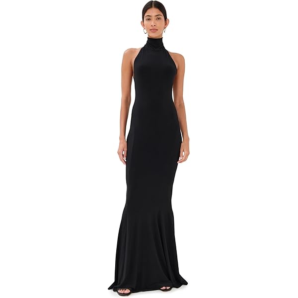 Sleeveless Crewneck Fishtail Gown W/MESH Sides, Black/Black MESH